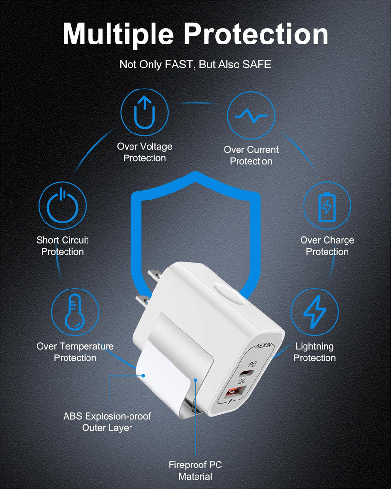 USB-C Charger Block 20W Dual Port with USB-A and USB-C, 2 Pack | Fast Charging Box, Dual Port Phone Plug, Multi Pack, 20W Power Adapter, USBA & USBC Cube Wall Outlet for Apple iPhone Android USB A & USB C