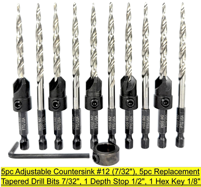 FTG USA 5 Pc #12 (7/32") Countersink Drill Bit Set with 5 Pc Replacement Tapered Drill Bits for Wood in Storage Container