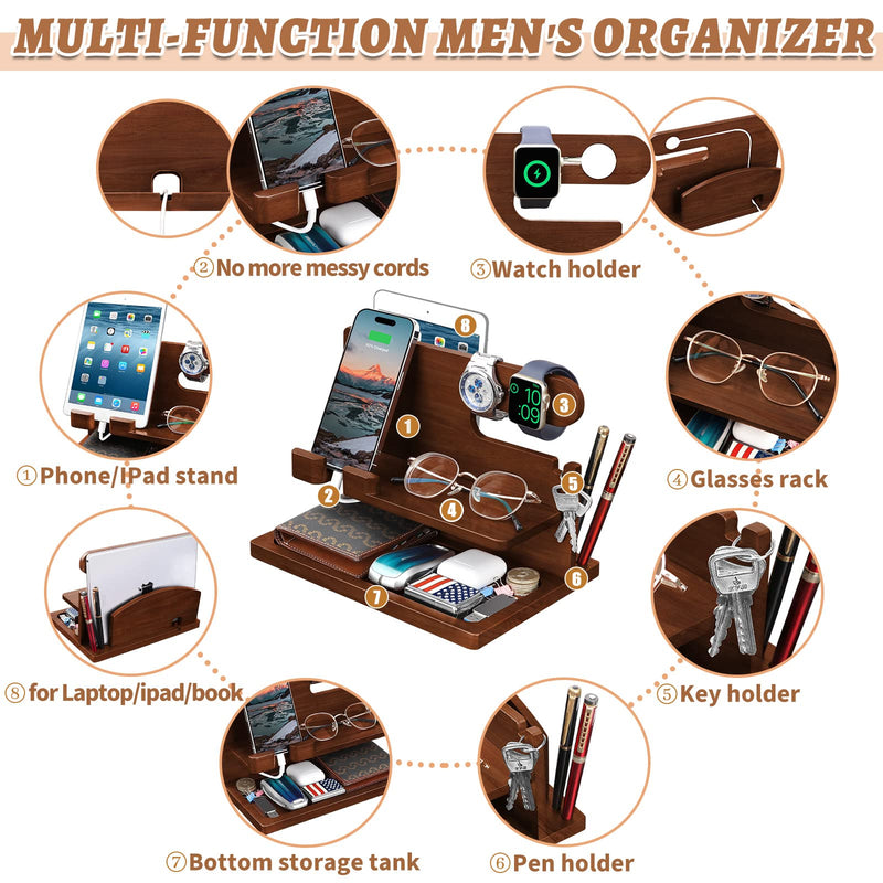 Wood Phone Docking Station - Nightstand Charging Organizer and Cell Phone Stand - Bedside Gift for Men Brown
