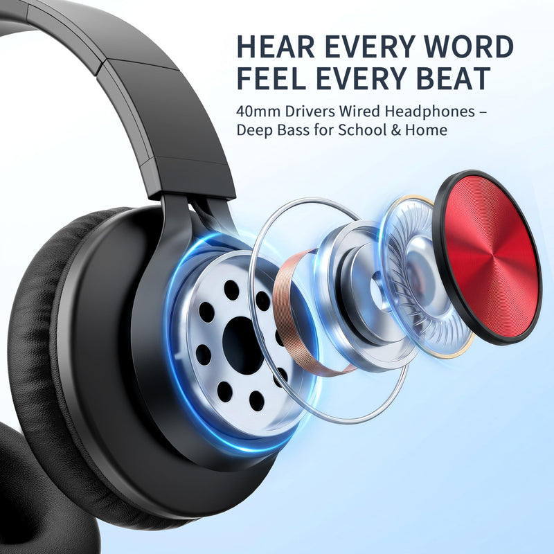AILIHEN Kids School Headphones with Mic & 3.5mm Jack for K-12 Students-Red | Classroom,Travel & Daily Use, Duarable, Adjustable & Foldable, Kids & Teens, For Chromebook & Tablet, Lightweight Red