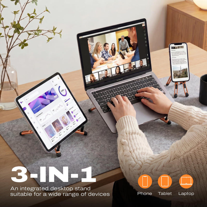 3-in-1 Magnetic Foldable Laptop Stand and Phone Stand for Desk Aluminum Alloy Adjustable Holder 10–16” Laptops & 4–13” Phones/Tablets, Magnetic Compatible with iPhone Android, Orange