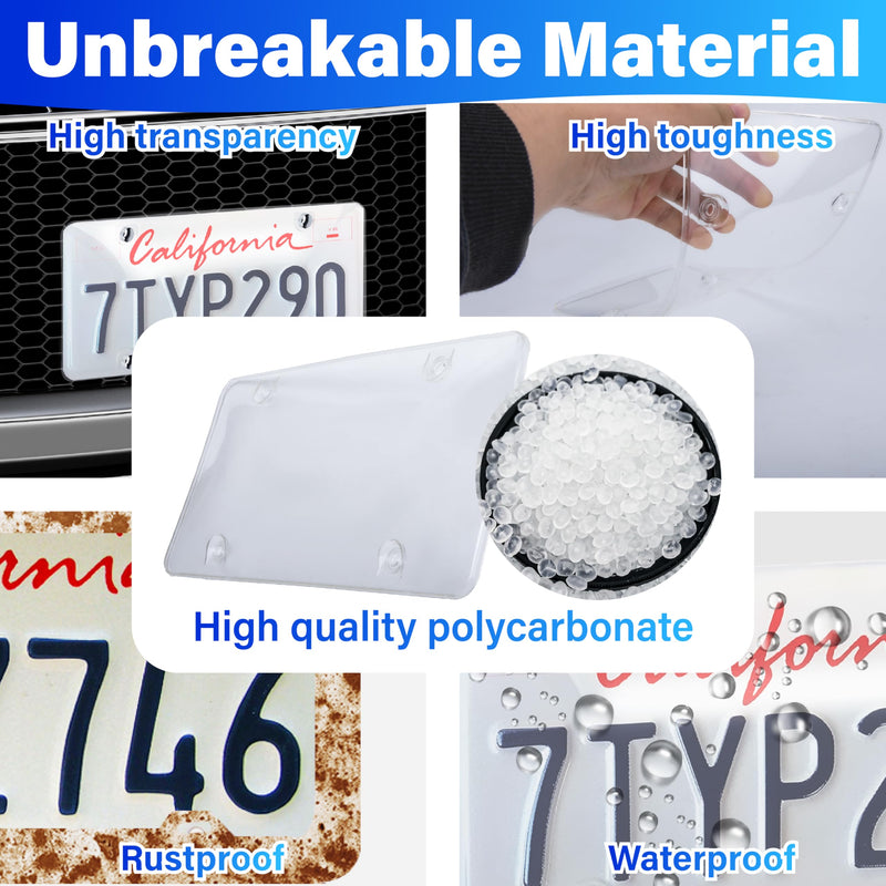2 PCS Clear License Plate Covers, Unbreakable Novelty Licenses Plate Protect, License Plates Frame for Car Tag, Front and Back with Screws Caps