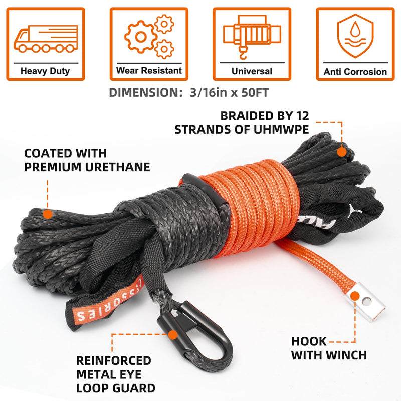 ALL-TOP Synthetic Winch Rope Cable, 3/16" x50ft, 8350LBS Winch Replace Line with Protective Sleeve for Offroad Vehicle ATV UTV 3/16in x 50ft, 8350Lbs BSR, for 3500Lbs winch Gray, Rope for ATV & UTV