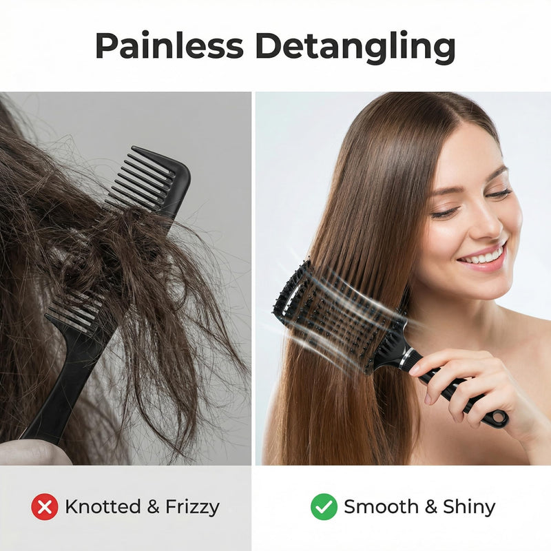 Hair Brush, JT JUSTIME Boar Bristle Hairbrush Set for Women Men Thick, Curly, Detangling, Wet Hair (Black) Black