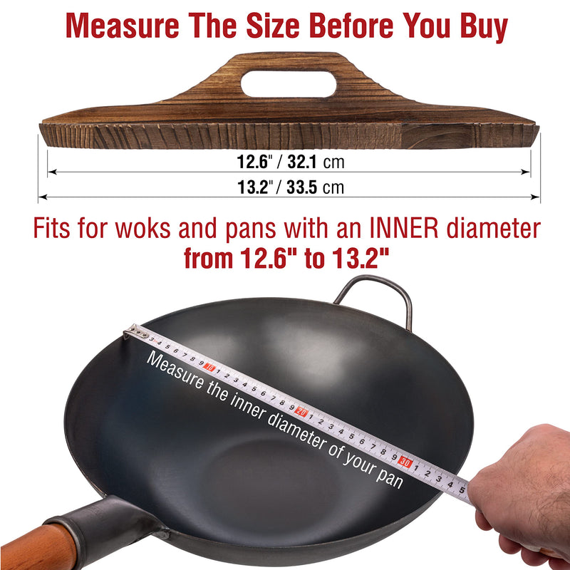 YOSUKATA Premium Wok Cover 13.2" for Wok 13.5"- Wooden lid for Frying Pan - Ergonomic Handle - Condensate-free - Durable Accessories for Carbon Steel - Cast Iron - Stainless Steel & Aluminum Woks 13.2" for wok 13.5"