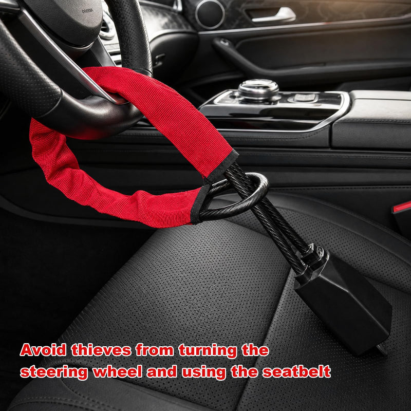 Steering Wheel and Seat Belt Lock, Compact & Lightweight Car Theft Prevention with 3 Multi-Function Keys, Anti-Theft Steering Wheel Safety Belt Lock for Car Truck SUV Van (Red) Red