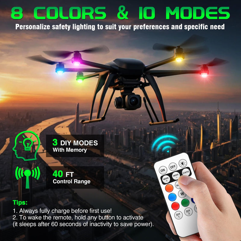 Wireless RGB LED Aircraft Strobe Lights with Remote Control, 8 Colors 10 Flash Modes DIY Mode Anti-Collision Lights Waterproof Emergency Warning Light for Drone Car Motorcycle Bike 8 Pcs
