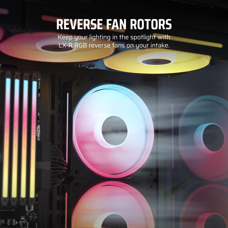 CORSAIR iCUE Link LX120-R RGB 120mm PWM Reverse Fan – Single Fan – Low-Noise, Magnetic Dome Bearing, Dual Light Loops, CORSAIR QuikTurn Screws, Zero RPM Mode – Black 1 x 120mm