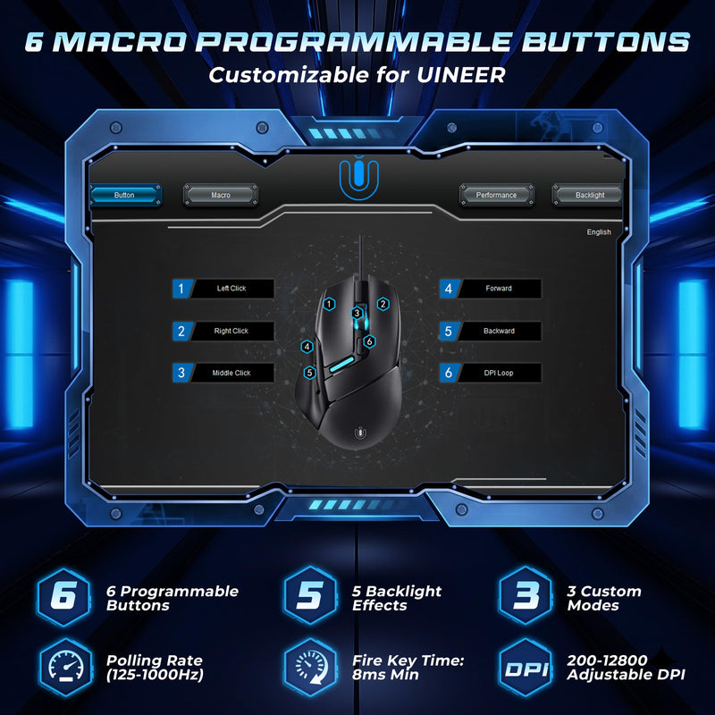 Uineer Wired Gaming Mouse, 7200 DPI, 6 Programmable Buttons, RGB Lighting | 6 programmable buttons, adjustable 7200 DPI, RGB lighting and quiet clicks for work or gaming.