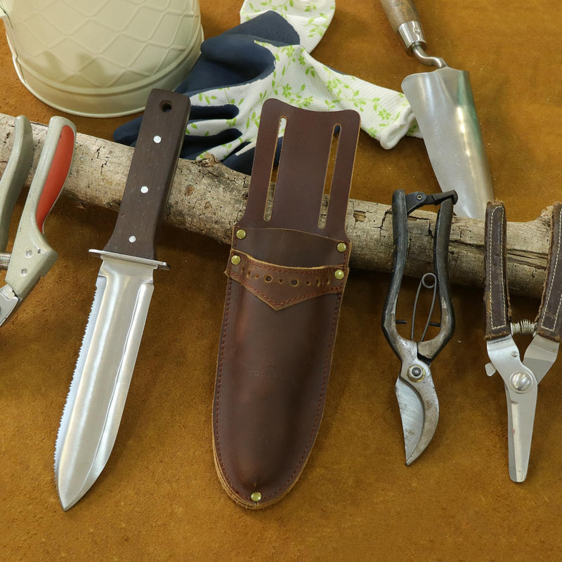 Tourbon Leather Garden Pruning Shears Folding Saw Double Holster Gardening Soil Knife Sheath Pouch Multipurpose Tool Holder for Belt, Brown