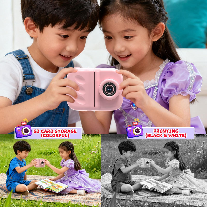 Kids Camera Instant Print for Kids with Mirror, HD Dual-Lens Selfie Digital Camera with 3 Rolls Print Paper & 32GB Card, Holiday Birthday Gifts Toys for Girls Boys Toddler. (Dark Pink) Dark Pink