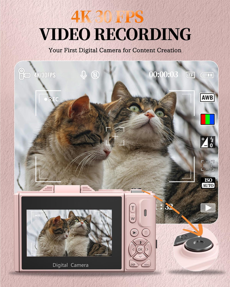4K Digital Camera for Beginners & Teens, Compact Vlogging Camera with 180° Flip Screen, Autofocus, Easy-to-Use for Travel & YouTube, 18X Zoom, WiFi, 2 Batteries, 32GB Card Deep Pink
