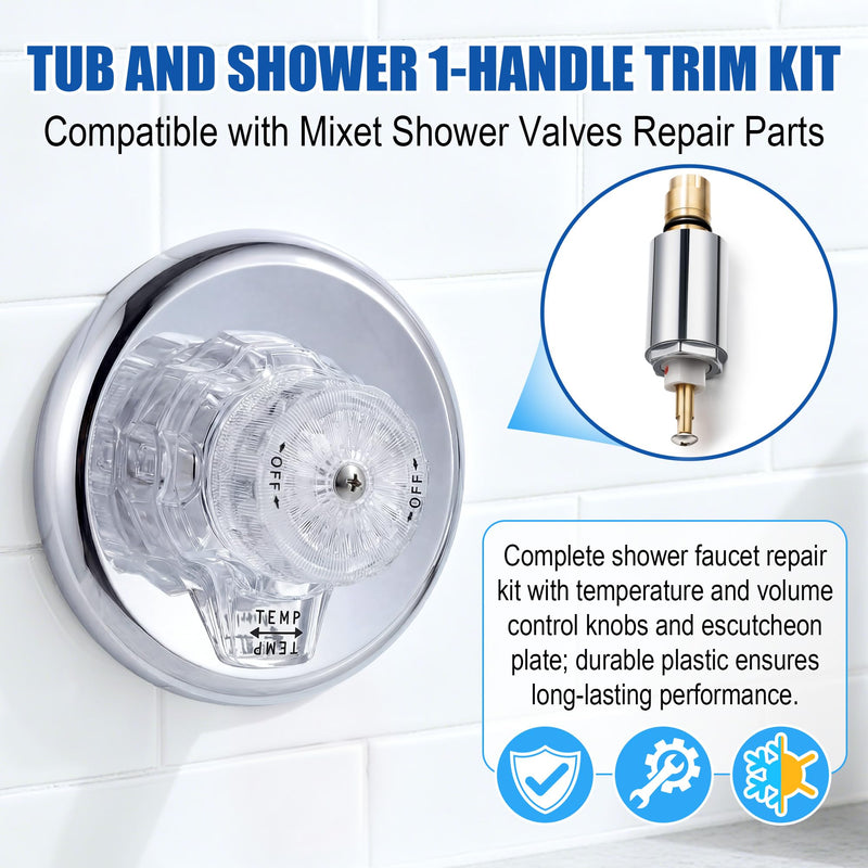 Single Lever Tub and Shower Rebuild Kit, Compatible with Mixet Shower Valves Repair Parts, Includes Cartridge Stem, Shallow Flange, Temperature and Volume Control Handle (Clear Handle)