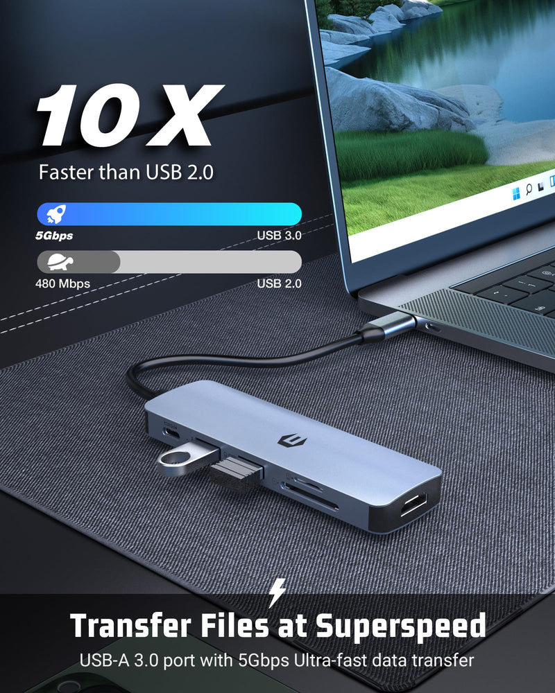 USB C HUB, 6 in 1 USB Adapter, 4K HDMI, 100W PD, USB 3.0 Ports, USB 2.0 Ports, and SD/TF Card Reader, Ideal for Mac Pro/Air, iPad Pro, iMac, and More