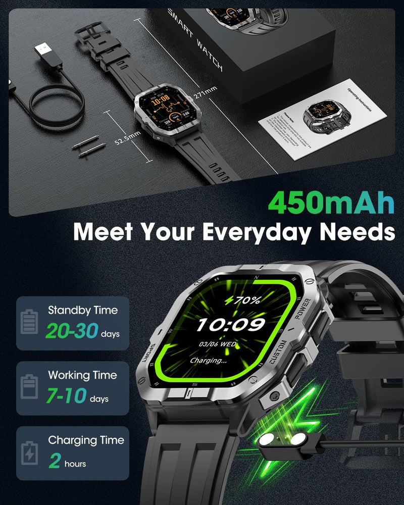 Military Smart Watch Built-in GPS,Bluetooth Calling, for iPhone & Android | 100+ Sport Modes for Men Fitness watch, Smartwatch with Heart Rate & Sleep Tracking, 2ATM Waterproof , Black 2.02"