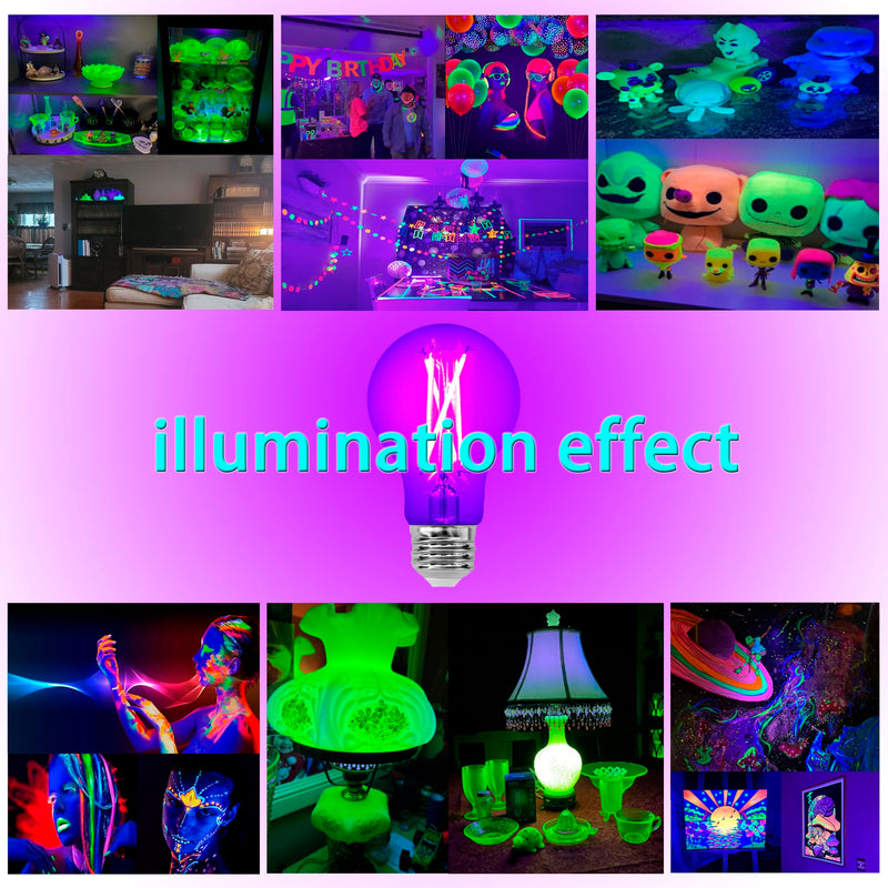 TITO 8 Pack E26 A19 Filament LED Black Light Bulbs, UVA 395nm 6W Blacklight Bulb 100W Equivalent, Black Light Bulb Glow in Dark Halloween Christmas Party Fluorescent Tapestry Poster Decor Body Paint