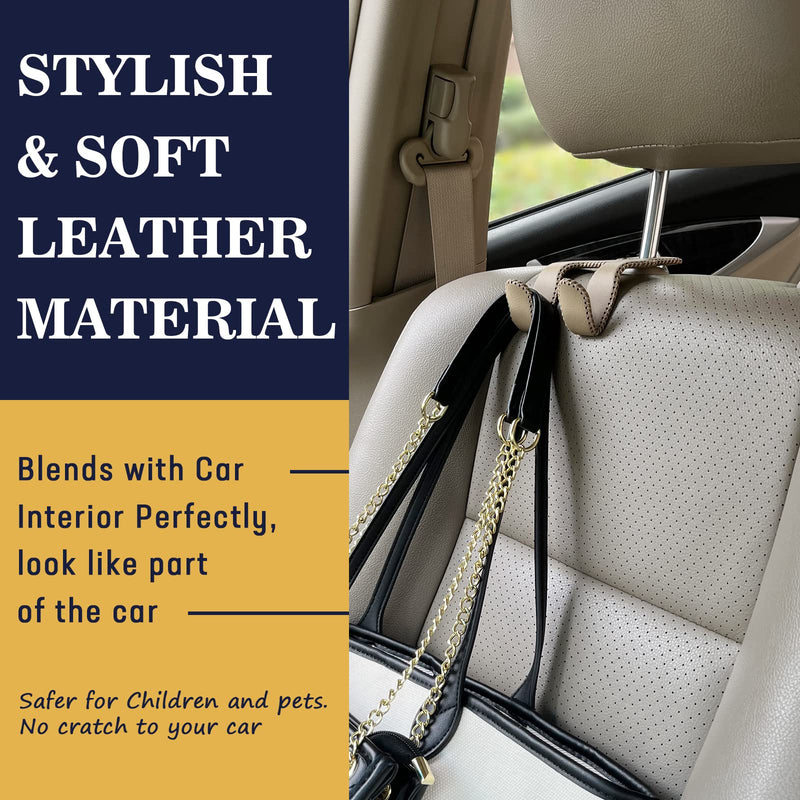 Upgraded Headrest Hooks for Car, 2 in 1 Back Seat Purse Holder Hook Genuine Leather Head Rest Hangers Vehicle Organizer Accessories for Hanging Grocery Bags, 1 Pack, Beige Style B - Beige 1 Pack