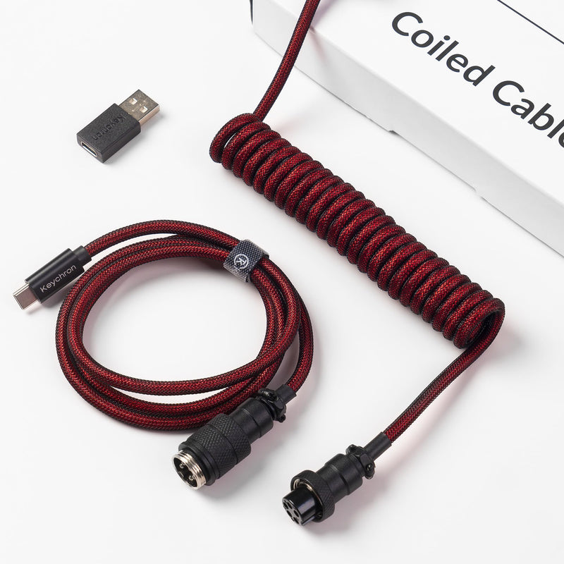 Keychron Premium Coiled USB-C Angled Red Cable, 5-Pin GX16 Detachable Metal Connector, USB-A Adapter, Double-Sleeved Design, for Mechanical Keyboards, Charging and Data Sync