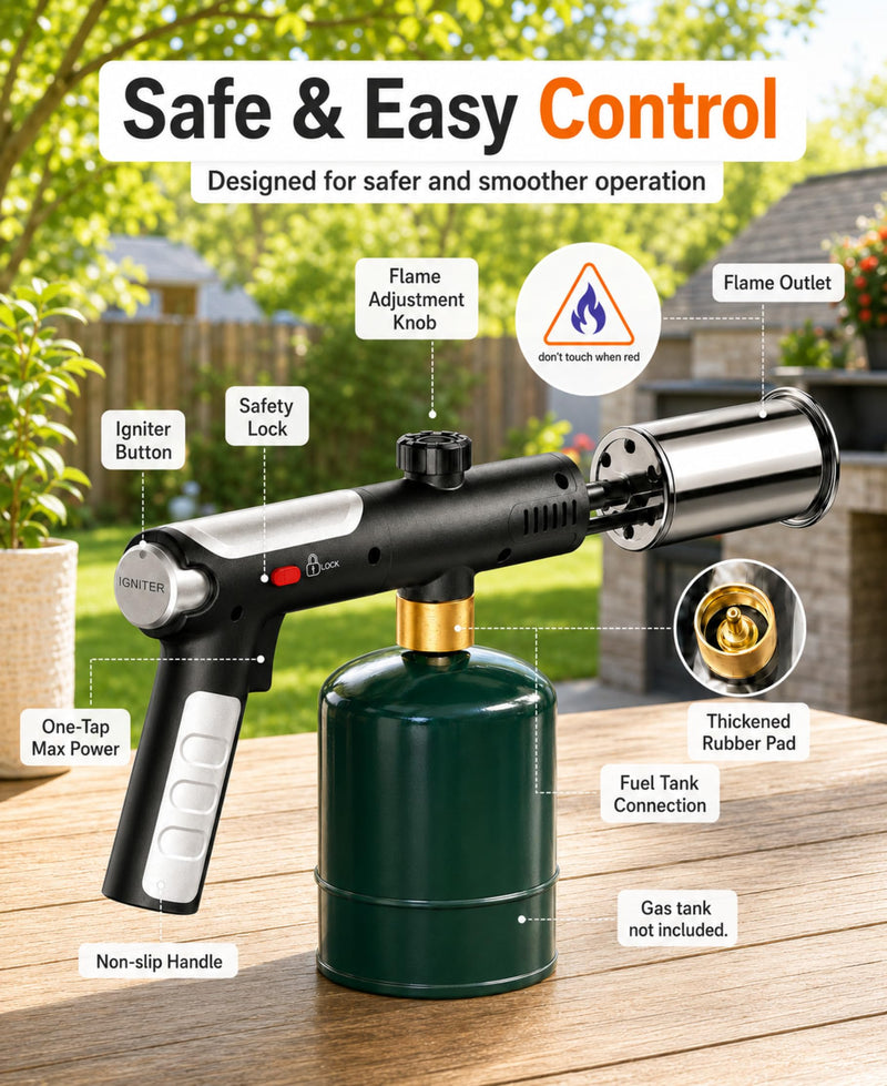 Propane Torch Gun, Flame Thrower Grill Gun, Adjustable to 3272°F | BBQ & Charcoal, Campfire, One-Tap Max Power & Safety Lock, Sears Steak, Food, Outdoor, Self Ignition, Tank Not Included Matte Black(pro)