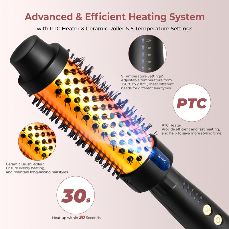 Thermal Brush 38MM, Ionic Hair Heated Curling Brush, 130°C-200°C with Double PTC for Fast-Heating, Rosegold/Black