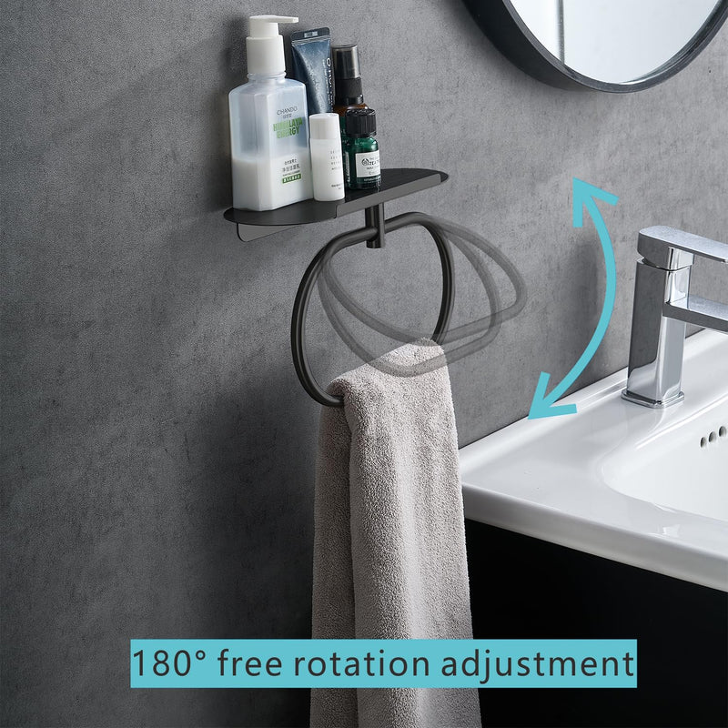 Towel Ring with Shelf, Heavy Duty Stainless Steel Bathroom Hardware, Adhesive No-Drill or Drill Mount Wall Mounted Towel Holder for Bathroom and Kitchen (Black) Black