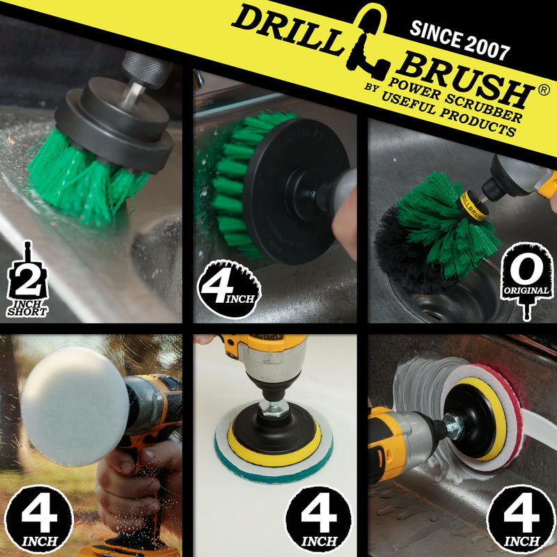 Drillbrush Kitchen Cleaning Supplies - Whole Household Scrubbing Pads and Medium Stiffness Brushes - Stove Top and Oven Rack Cleaning Brush Kit - Sink, Tile, Laminate, Vinyl, Pan, Countertop Scrubber Green