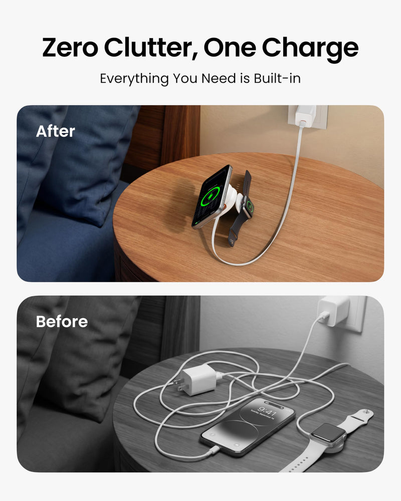 VRURC 3 in 1 Charging Station for Apple,Qi2.2 25W Wireless Charger Dock | Includes 45W Power Adapter, Palm-Sized Foldable Travel Charger for iPhone 17/16/15/14/13, iWatch, AirPods — White (1 Pack)