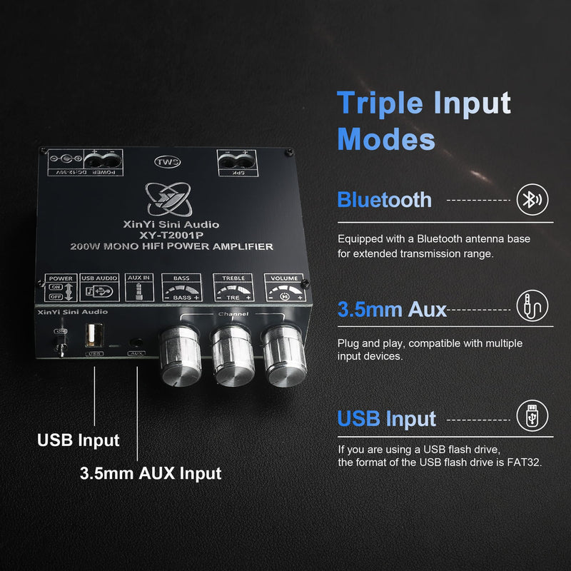 200W Mono Amplifier Board TPA3221 Chip with TWS,Bluetooth/3.5mm AUX/USB Input,Vehicle Amplifier Wide Voltage Input 12-30V