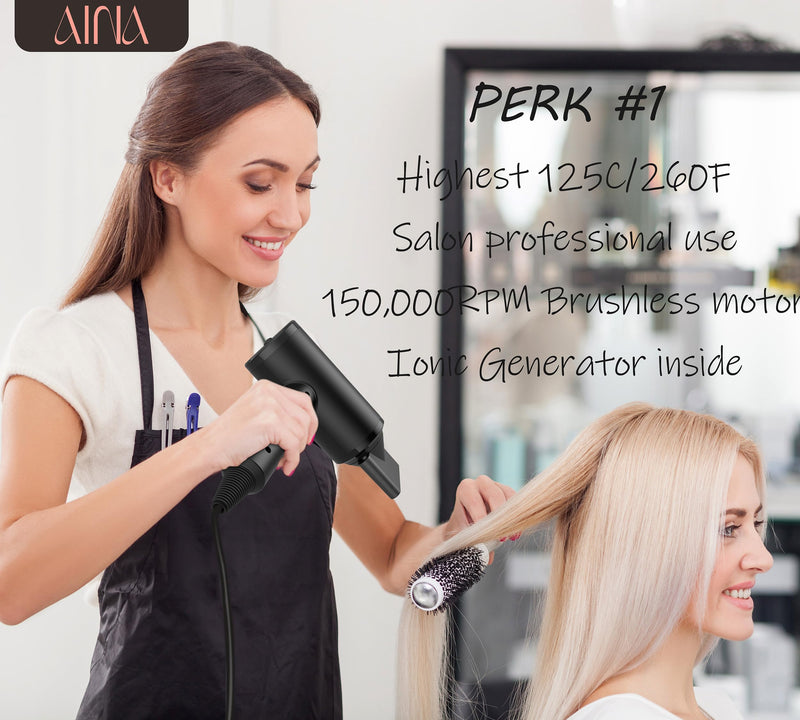 AINA Pro Salon Hair Dryer(New tech),2300W Blow Dryer with Diffuser Comb for Women | BLDC Hair Dryer | Brushless Motor 150,000 RPM | Ionic | LED Display | 4 Magnetic Attachments 230V/UK(Vader Black) Babe Pink