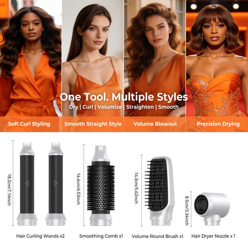 5 in 1 Hair Styler - 1000W Hot Air Brush and Hair Dryer Brush Volumizer | Multi Styler Set with Coanda Technology for Auto-Curling & Smoothing (UK Plug) Milky White