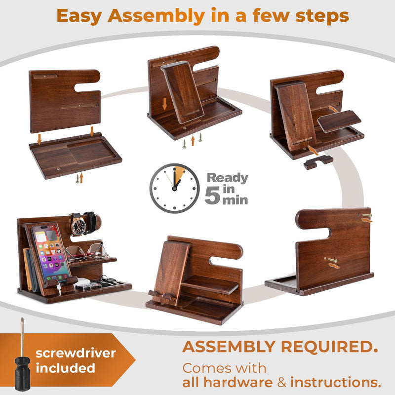 TESLYAR Wood Phone Docking Station for Men - Desktop or Nightstand Organizer - Birthday Gifts for Men, Dad - Anniversary Idea from Wife - Key Holder, Stand Wallet, Watch & Essentials (Chestnut) Chestnut
