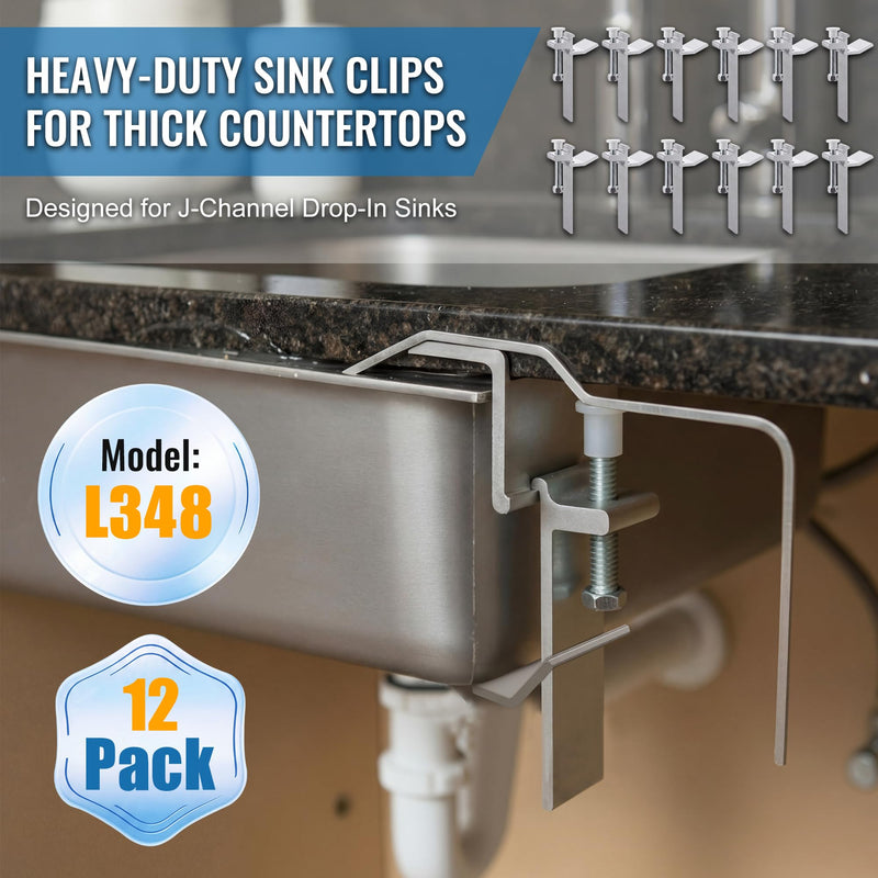 Dreyoo 12 Pack Sink Clips for Countertop Sinks, Heavy Duty J Channel Mounting Clips for Drop In Installation, Adjustable Hardware for Thick Countertops up to 2" (51mm)(Practical Style)