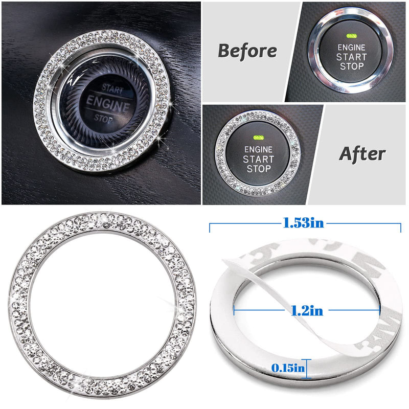 Bling Car Accessories for Women,7 Pack Sparkly Rhinestone Diamond Steering Wheel Cover Set,Bling Seat Belt Cushion,Shift Knob Cover,Push Start Button Accessories,Car Cup Coaster,Silver A-Classic Style White