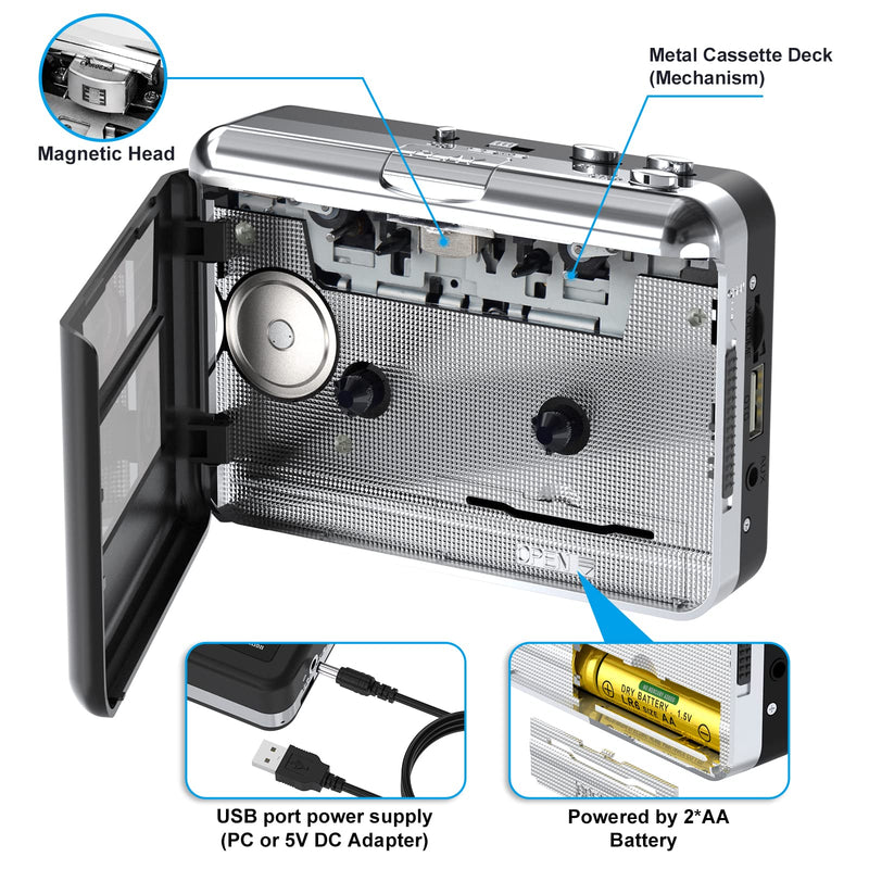 Portable Cassette Player Converter, Convert Cassette to MP3 via USB Disk, USB/Tape Audio Music Player with Earphones, No PC Required | Convert Tapes to MP3 via USB Drive Black-Pink