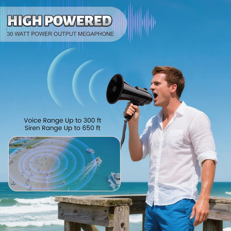 30 Watt Power Portable Megaphone Bullhorn Speaker Voice, Siren/Alarm and 240S Recording with Volume Control and Strap Black
