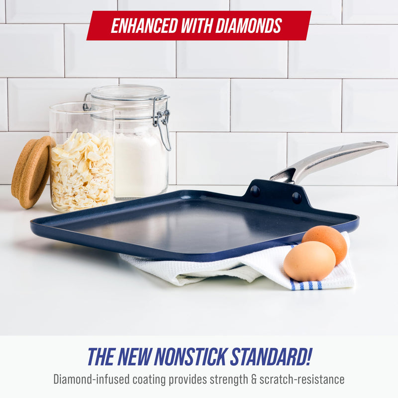 Blue Diamond 11" Nonstick Square Griddle Pan, Non Toxic PFAS-Free Diamond Ceramic, Dishwasher & Oven Safe, Even Heating, Metal Utensil Safe, Warp Control, Blue 11" Griddle Pan