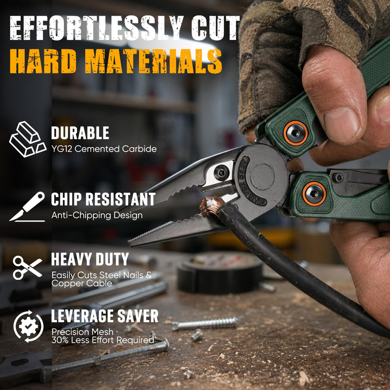 BIBURY Lightweight G10 Handle Multitool Pliers, 25-in-1 EDC Multi Tool with Replaceable Wire Cutters, Scissors, One-Hand Opening Pocket Knife Survival Tools for Camping, Repair,Survival -BI2048G Green