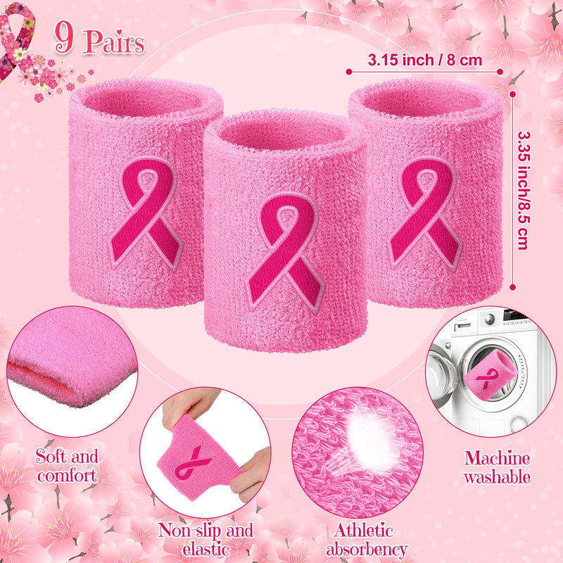 Wettarn 18 Pcs Pink Ribbon Wristbands Breast Cancer Awareness Sweatband Sports Wrist Bands for Sweating Athletic Gymnastics Wrist Sweat Bands Football Accessories for Women Men