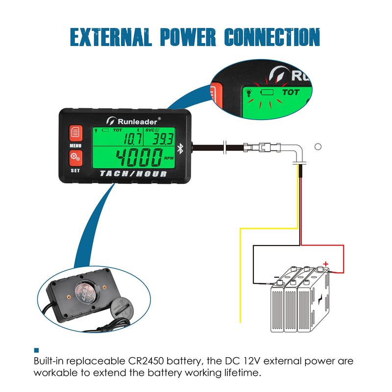 Runleader RL-HM058-BT Bluetooth Shunt Tach Hour Meter, Works by Replaceable Battery and DC 12V Power. (RL-HM058-BT 2PCS) RL-HM058-BT 2PCS