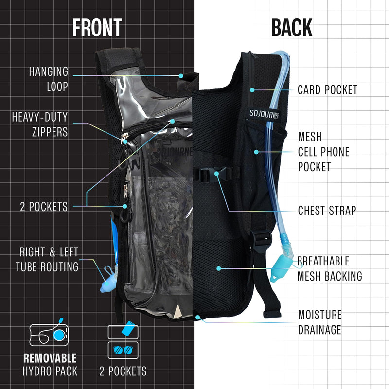 Sojourner Hydration Pack, Hydration Backpack - Water Backpack with 2l Hydration Bladder, Festival Essential - Rave Hydration Pack Hydropack Hydro for Hiking, Running, Biking, Festival Gear One Size Transparent Clear