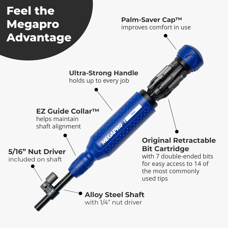 MEGAPRO® Original HVAC 15-in-1 Multi-bit Screwdriver | Schrader Valve Bit | 1/4" Socket Adapter | Square Awl Bit