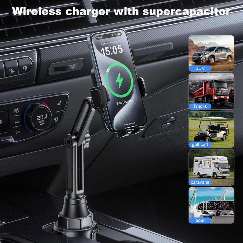Wireless Car Charger Car Cup Phone Holder 15W Fast Charging Auto Clamping | Car Charger Dual Port PD&QC3.0 for iPhone16/15/14/13/12/11 Pro Max Xs, Samsung Galaxy S24 Ultra S23 S22 S21 S20 WX33