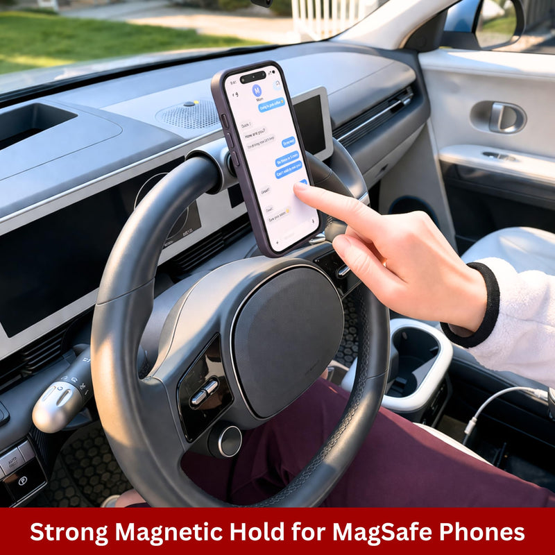 Maxby Steering Wheel Phone Holder with Magnetic Mount for Parked Use | Magnetic mount installs in seconds; 360° rotation enables hands-free viewing for calls, videos and meals while parked.