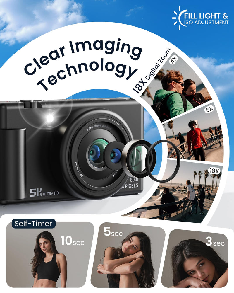 True 5K Digital Camera for Photography, Autofocus 80MP with 18X Digital Zoom, 3" 270° Flip Screen Selfie Camera for YouTube Vlogging & Content Creation, 2 Batteries, 32GB Card & Flash，Black Black