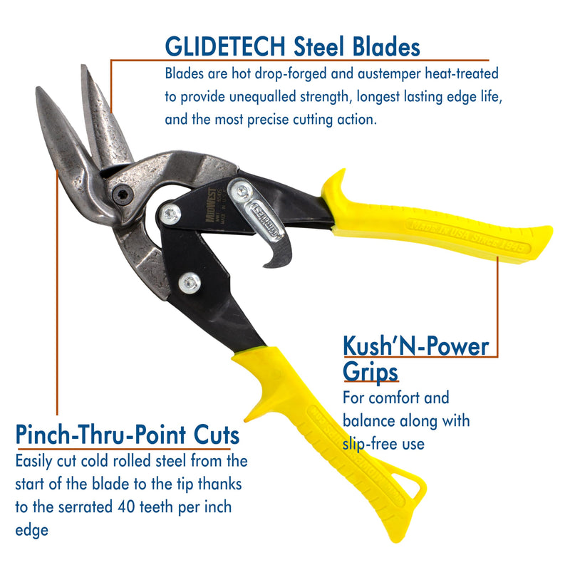MIDWEST Aviation Snip - Straight Cut Offset Tin Cutting Shears with Forged Blade & KUSH'N-POWER Comfort Grips - MWT-6510S