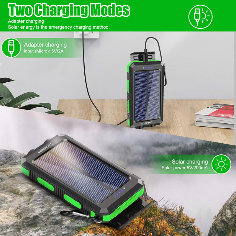 Solar Charger, 20000mAh Portable Outdoor Waterproof Solar Power Bank, Camping External Backup Battery Pack Dual 5V USB Ports Output, 2 Led Light Flashlight with Compass (Green) Green