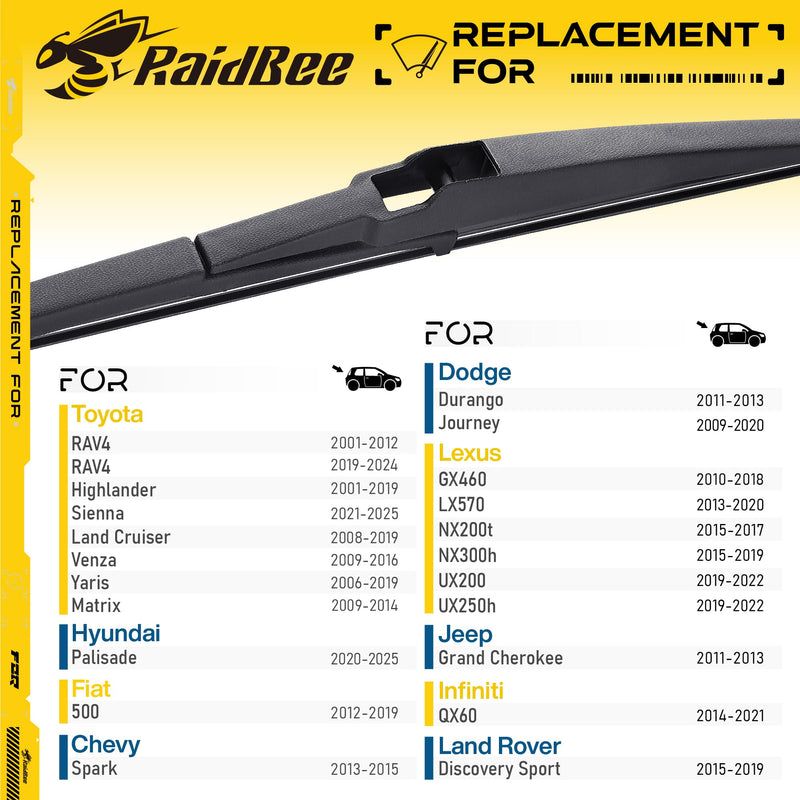 Raidbee® 12 Inch Rear Windshield Wiper Blade Replacement for Toyota RAV4 2001-2024/Highlander 2001-2019, Lexus GX460 2010-2018/LX570 2013-2020, Infiniti QX60 2014-2021 – Genuine OEM Quality (12-A) 12"(12A)