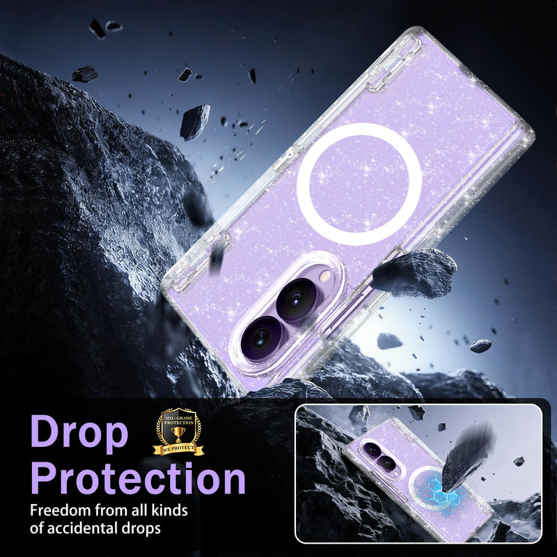 Casetego for Galaxy Z Fold 8 Case Magnetic,[Compatible with MagSafe][Built-in Screen Protector][Kickstand][Hinge Protection] Slim Shockproof Cute Women Girl Case for Samsung Z Fold,AllGlitter Hot Clear-Stand