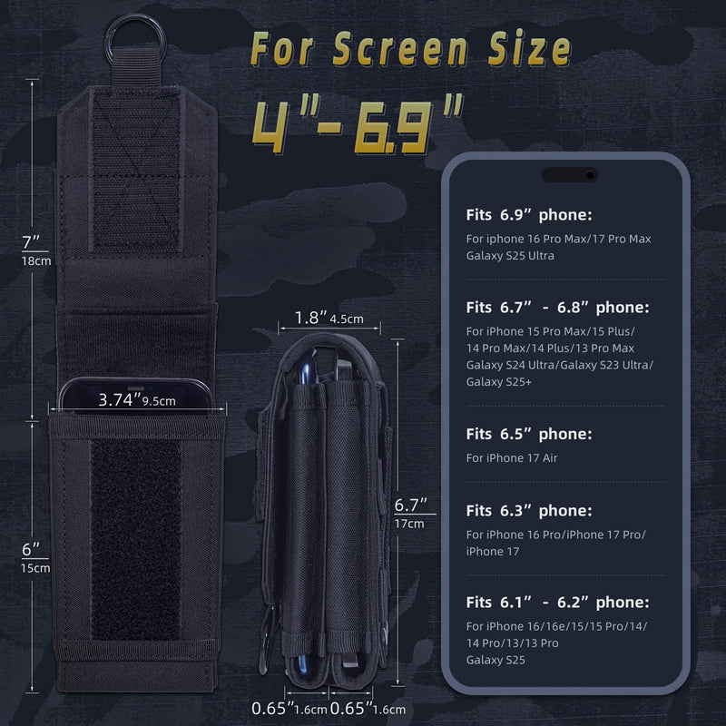 Molle Phone Pouch Tactical Phone Holster, Dual Cell Phone Holder Utility EDC Pouch for Duty Belt & Vest,Molle Accessories Gear with US Flag Patch (Fits 4"–6.9" Phones) (Black) Black