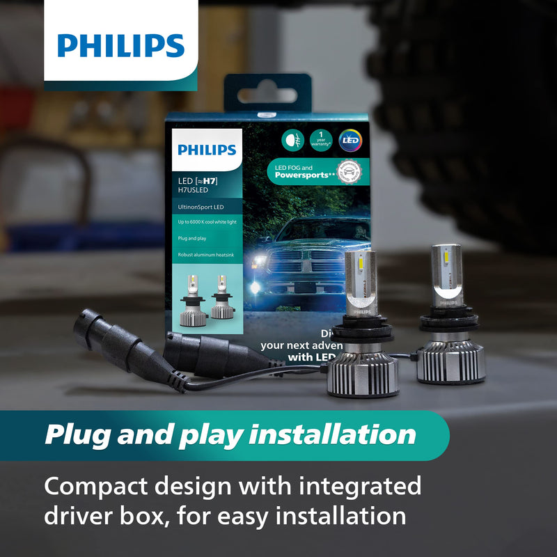 Philips UltinonSport H1 LED Bulb for Fog Light and Powersports Headlights, 2 Pack Clear